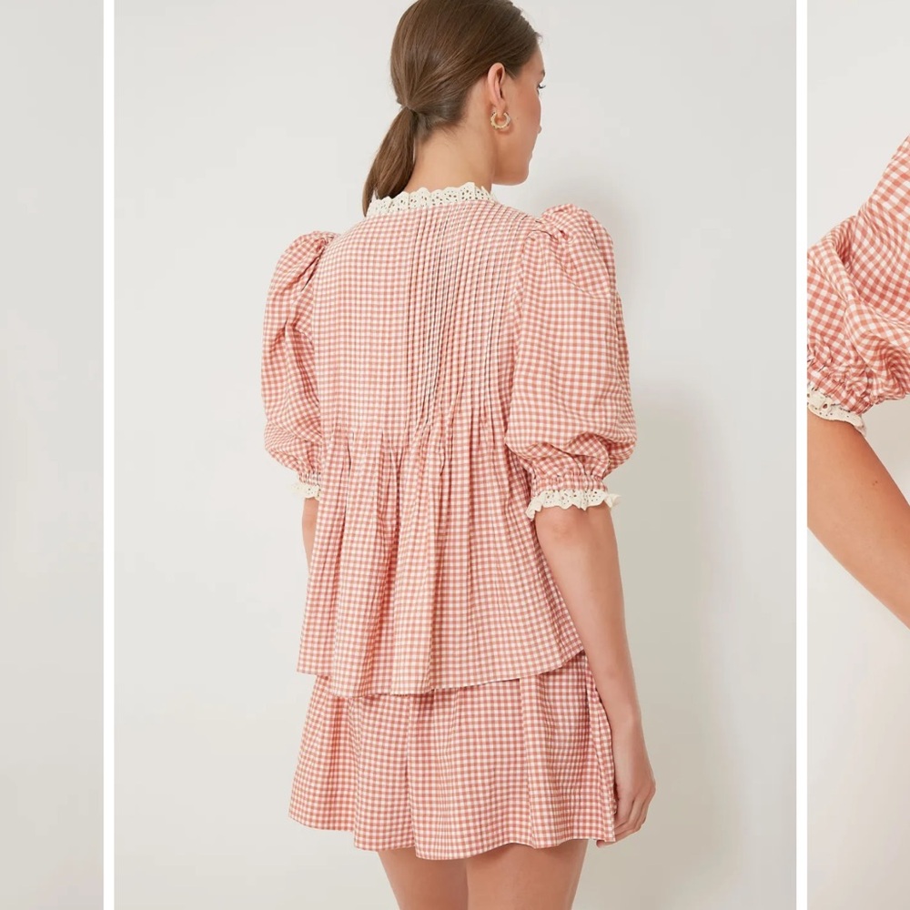 HUNTER BELL terracotta gingham Mia puff sleeve top M - Picture 2 of 7